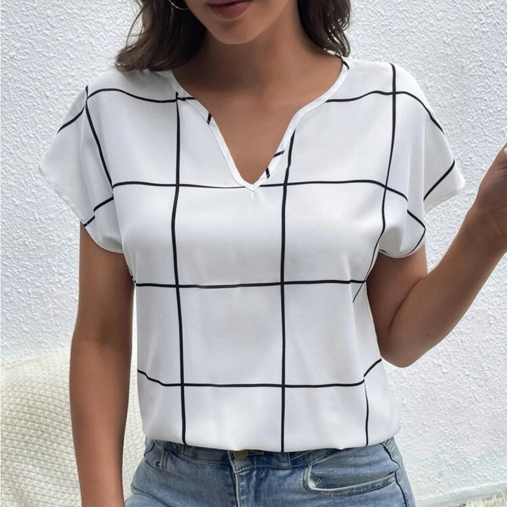 Plaid Notched Neck Blouse